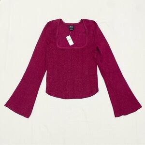 Anthropologie Maeve Bell Sleeve Square Neck Metallic Raspberry Pink Knit Top